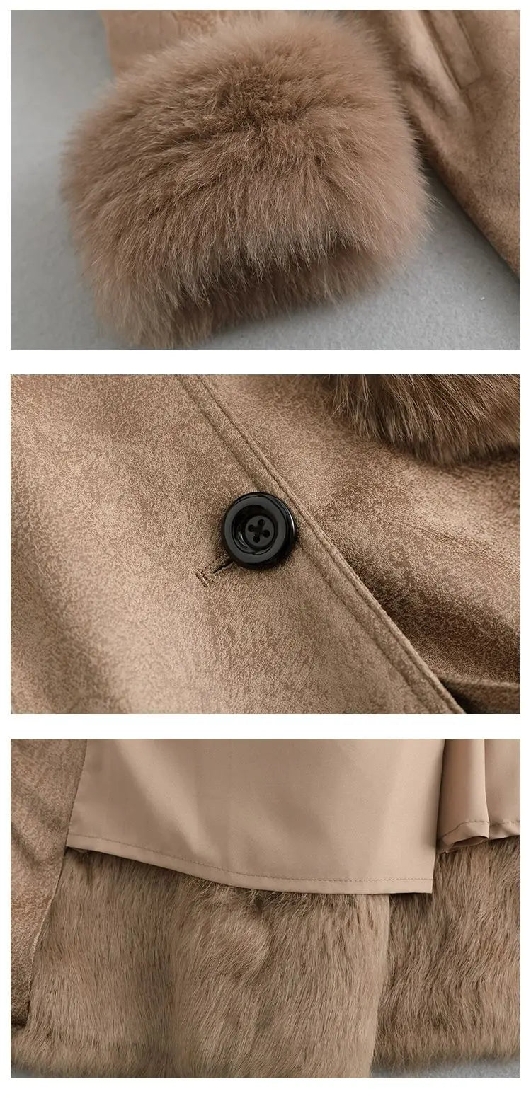 Women's Mid Length Rabbit Fur Fox Fur Collar Slim Fit Coat