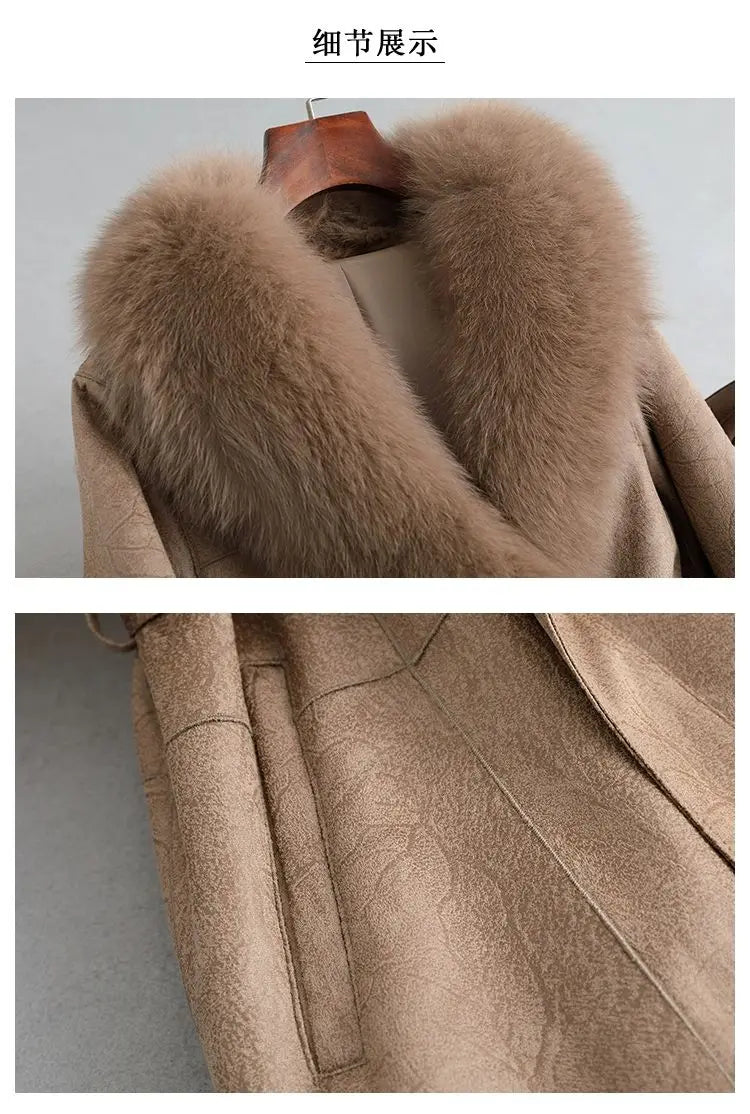 Women's Mid Length Rabbit Fur Fox Fur Collar Slim Fit Coat