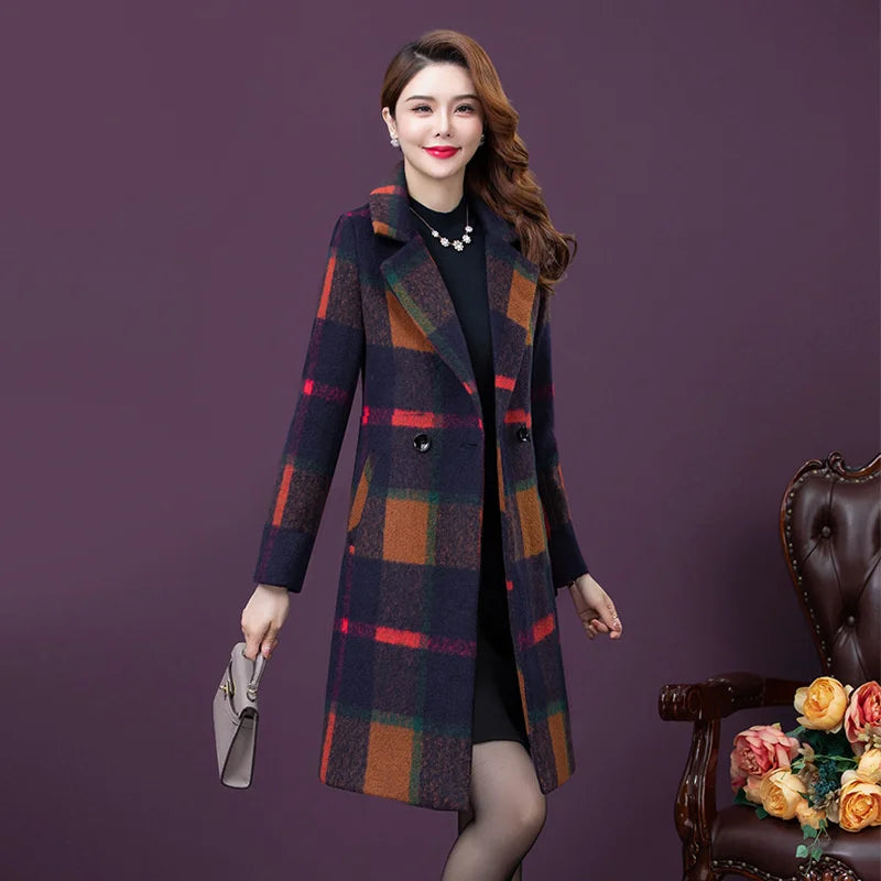 Women's Long Slim Fit Slim Temperament Plaid  Wool Coat