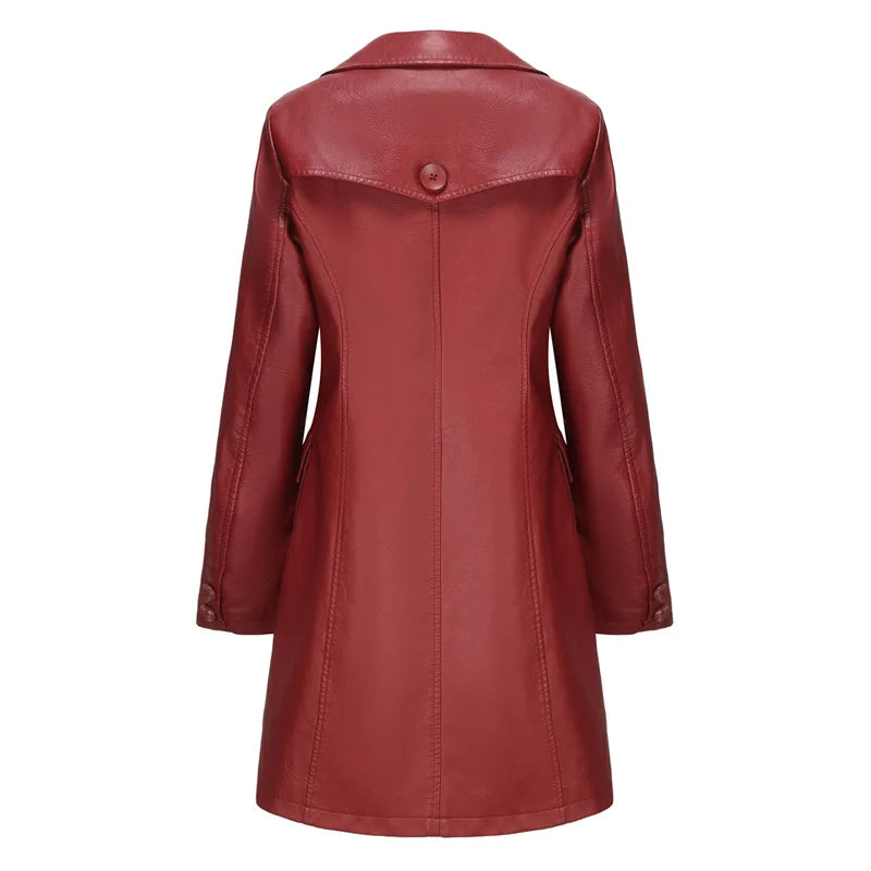 Women's Long sleeved Leather Windbreaker Coat