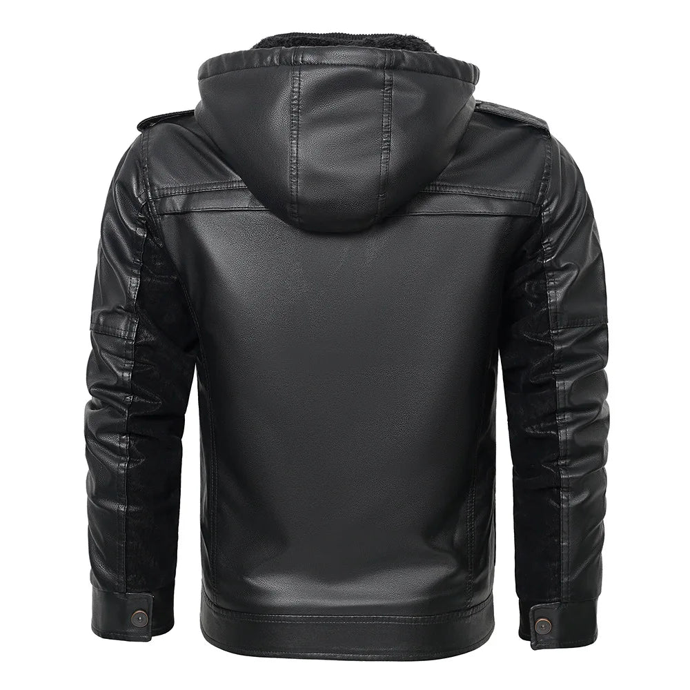 Men's Fur Leather Hooded Zipper Biker Jacket