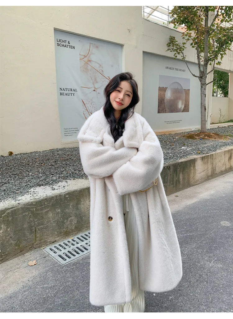 Women's Long Loose Double-Breasted Mink Fur Plush Coat