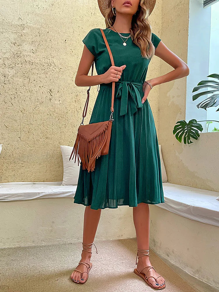 Women's Short Sleeve Pleated Beach Sundress