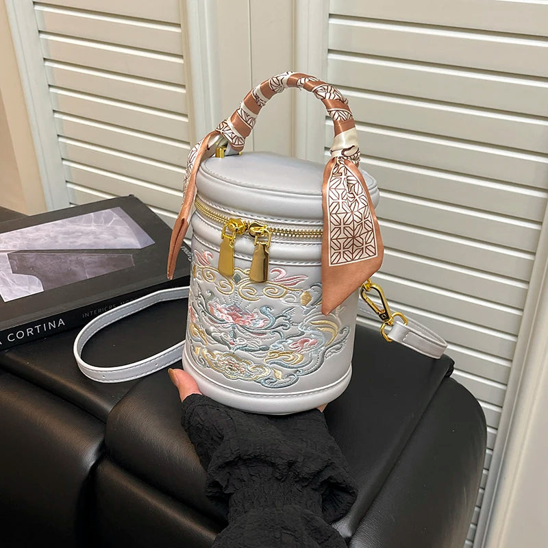Women's Bucket Cylindrical Quality Leather Shoulder Bag