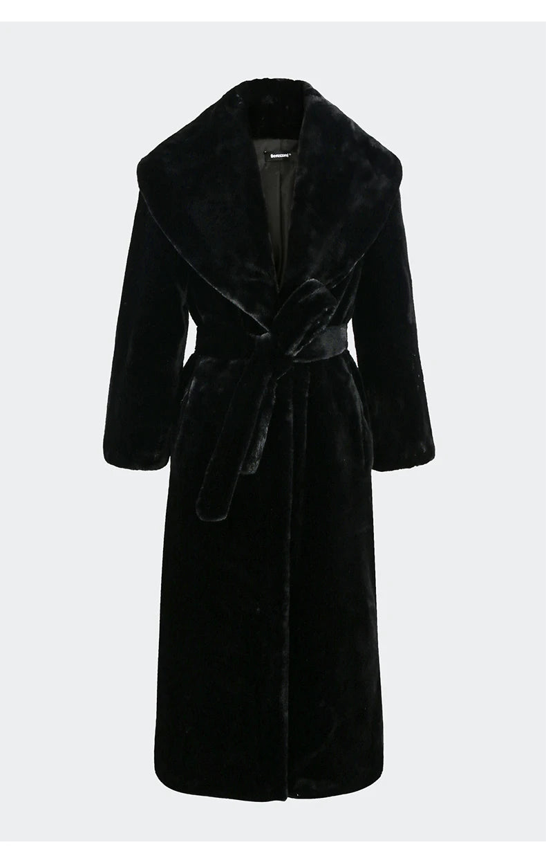 Women's Long Faux Sheared Mink Fur Sashes Furry Coat