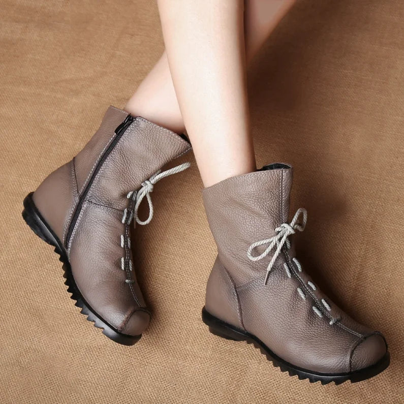 Women's Genuine Leather Plush Retro Waterproof Short Boots