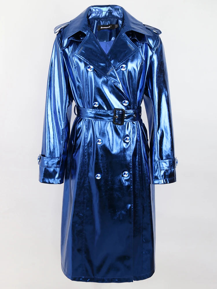 Women's Long Shiny Reflective Patent Leather Trench Coat