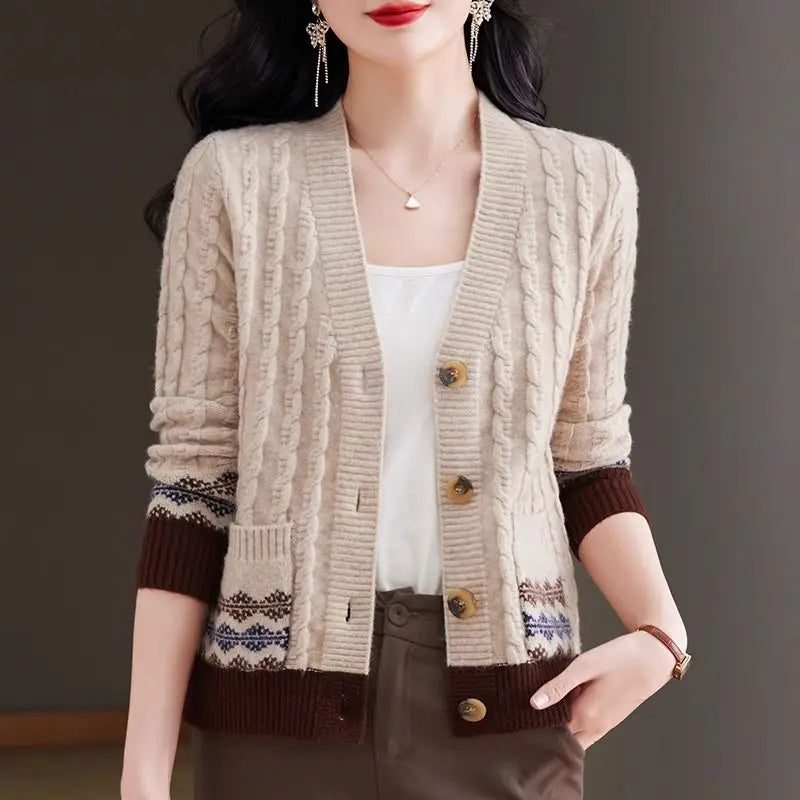 Women's Vintage V-Neck Button Pocket Knitted Cardigan Sweater