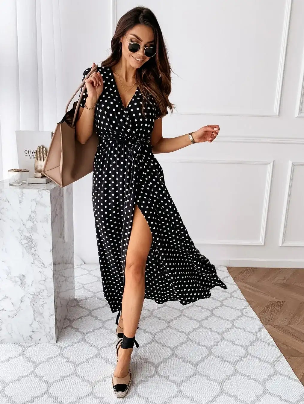 Women's Short Sleeve V-Neck Polka Dot Split Boho Dress