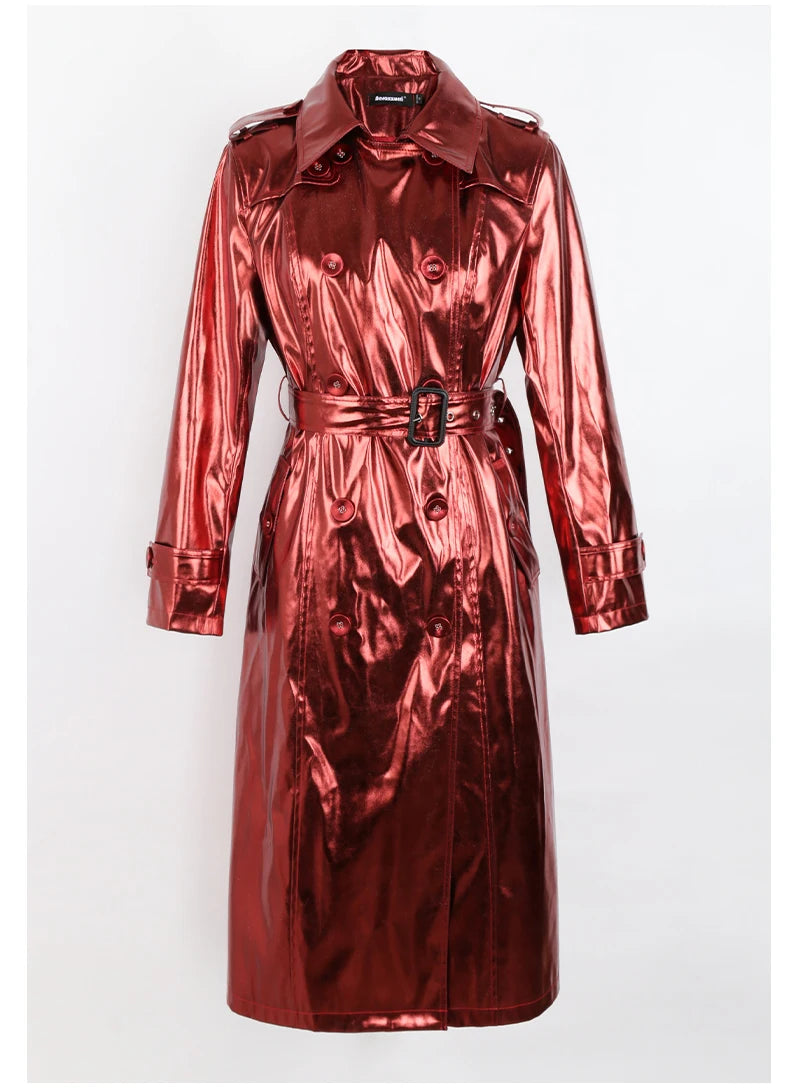 Women's Long Shiny Reflective Patent Leather Trench Coat