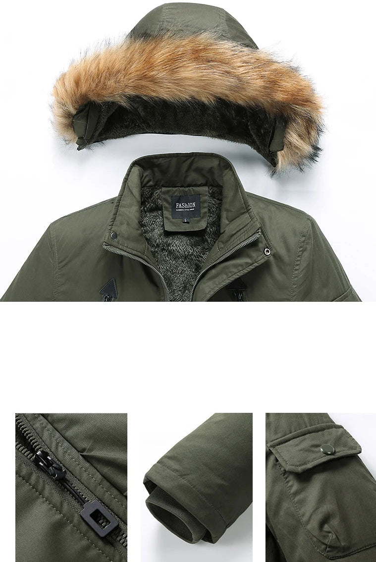 Men's Windproof Hooded Multi Pocket Fur Collar Jacket