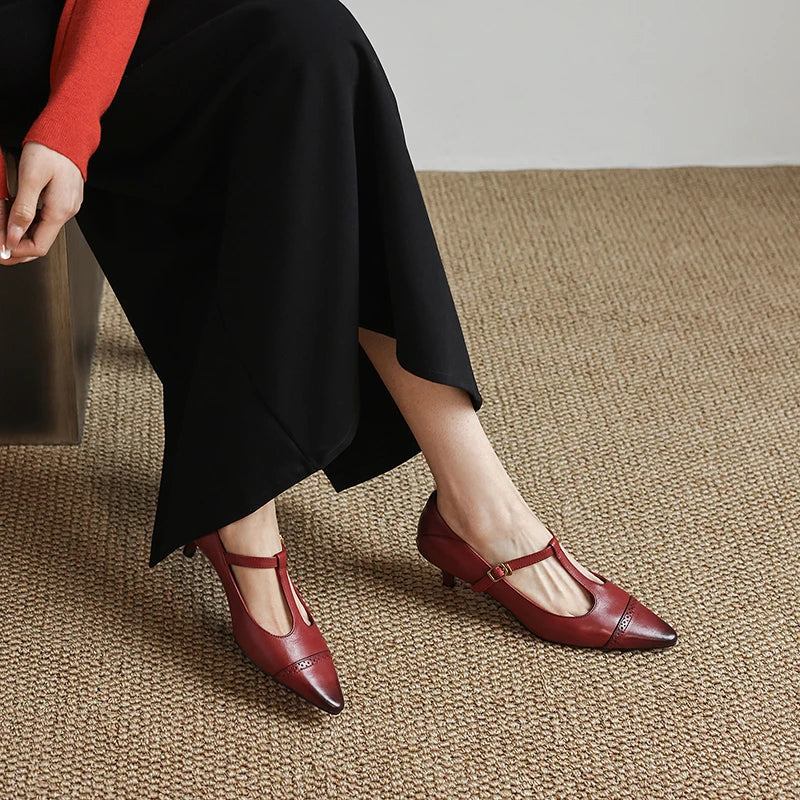 Women's Cow Leather T-Strap Pumps Shoes