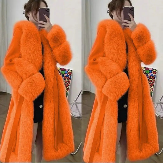 Women's Long Loose  Wool Faux Fur Coat