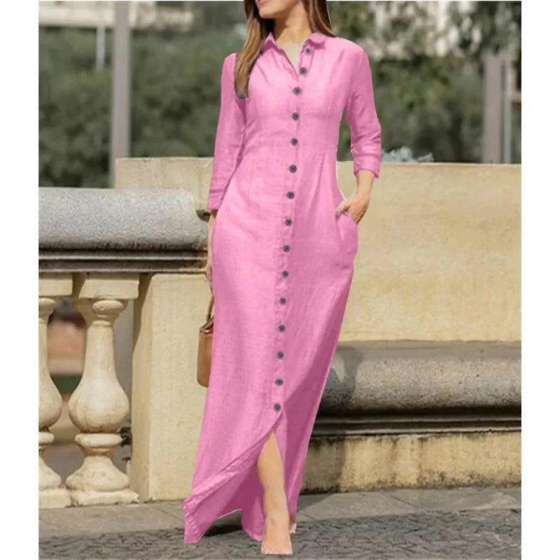 Women's Loose Casual Lapel Solid Color Long Dress