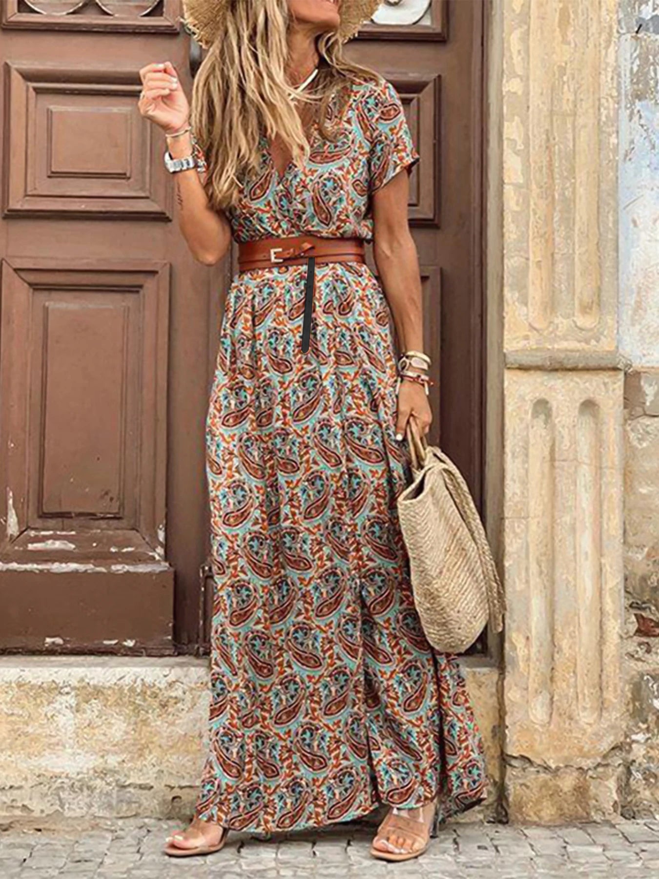 Women's Short Sleeve Belted Ruffle Bohemian Maxi Sun Dress