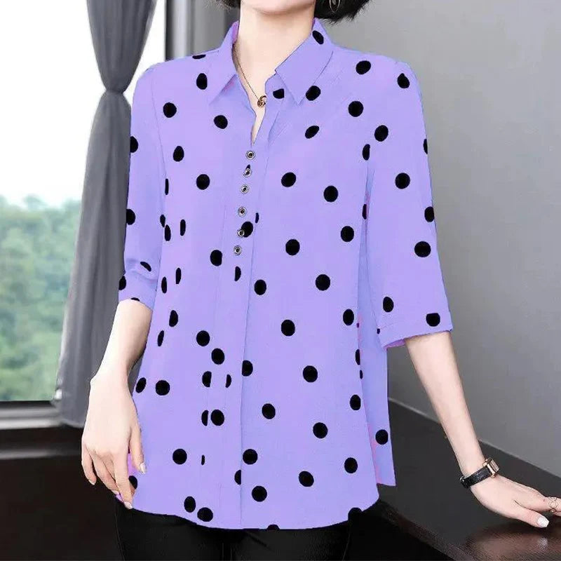 Women's Solid Polka Dot Chiffon V-Neck Shirt