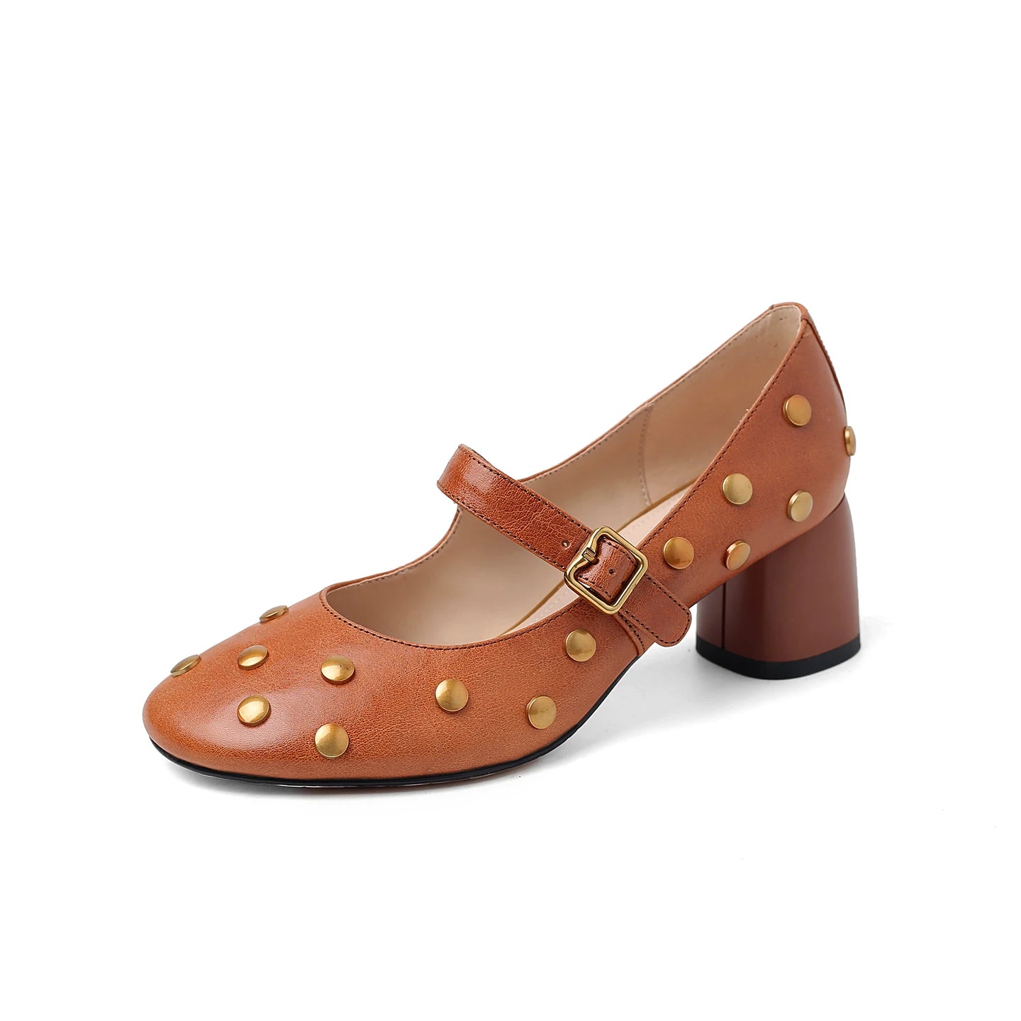 Women's Natural Cow Leather High Heels Rivets Pumps Shoes