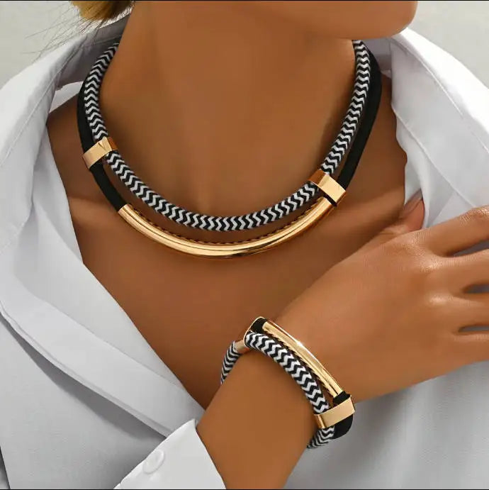 Women's 2PCS Thick Double Line Metal Tube Necklace Bracelet Set