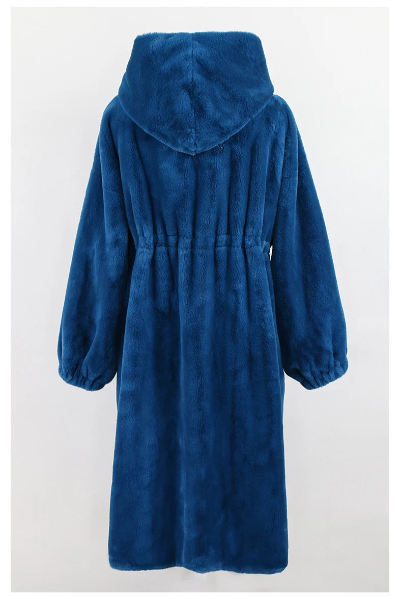 Women's Fluffy Faux Fur Hood Drawstring Waist Zip Up Coat