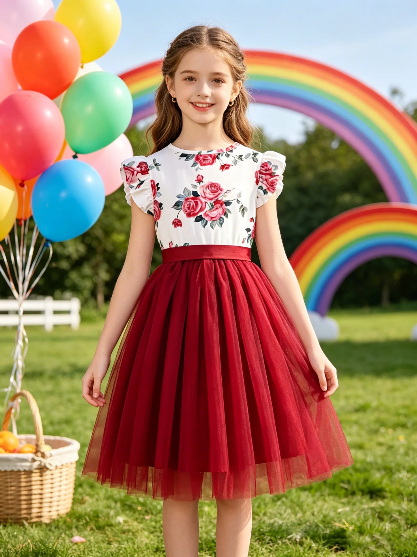 Girls' Small Flying Sleeves Round Neck Dress