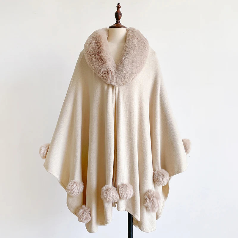 Women's Mink Wool Full Trims Faux Fur Hooded Fleece Cloak Wrap Cape