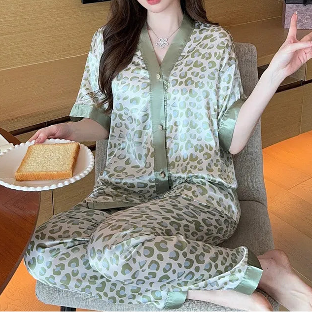 Women's 2Pcs Silk Button up Top and Pants Sleepwear Set