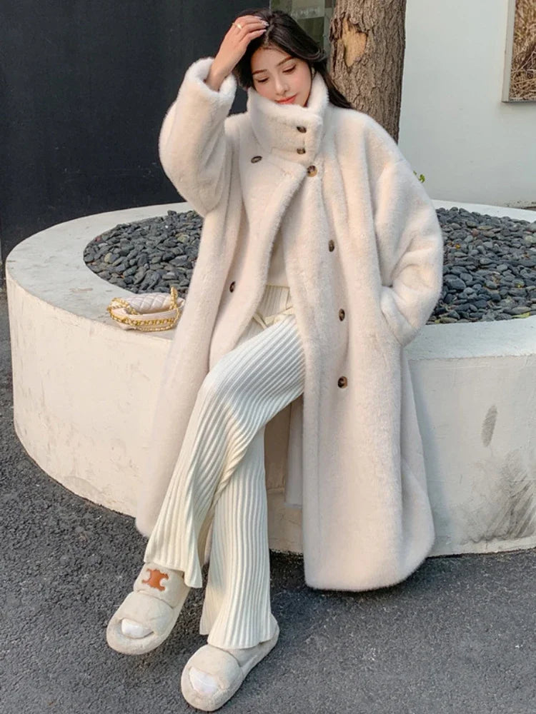 Women's Long Loose Double-Breasted Mink Fur Plush Coat