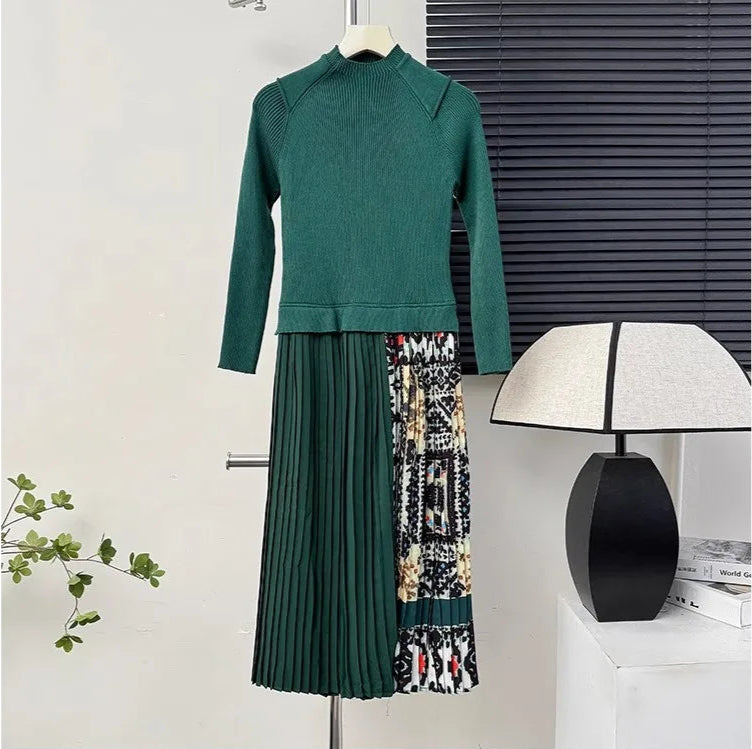 Women's Vintage Knitted A-Line Patchwork Turtleneck Dress