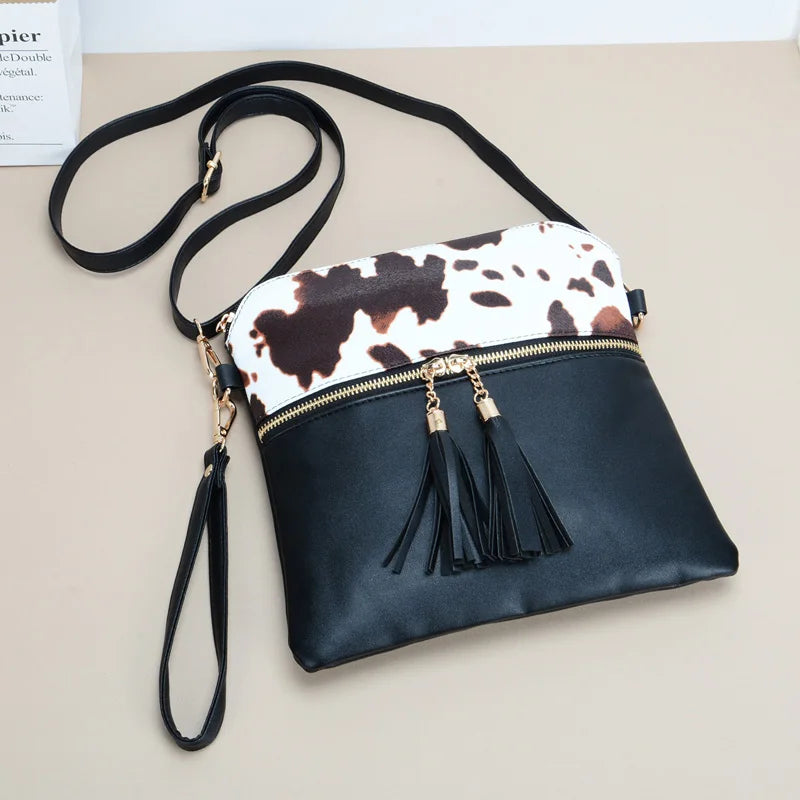 Women's PU Leather Cow Print Wristlet Tassel Crossbody Shoulder Bag