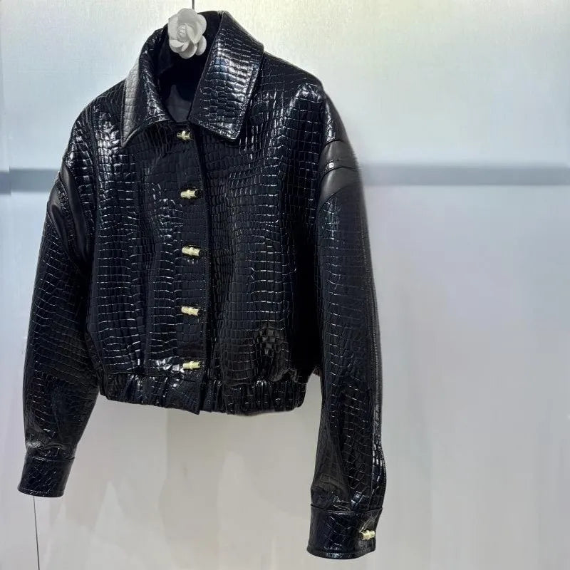 Women's Elegant Crocodile Grain Genuine Leather Short Jacket
