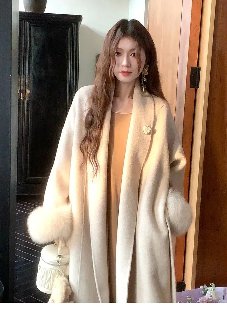 Women's Long Fur Woolen Double Sided Cashmere Coat