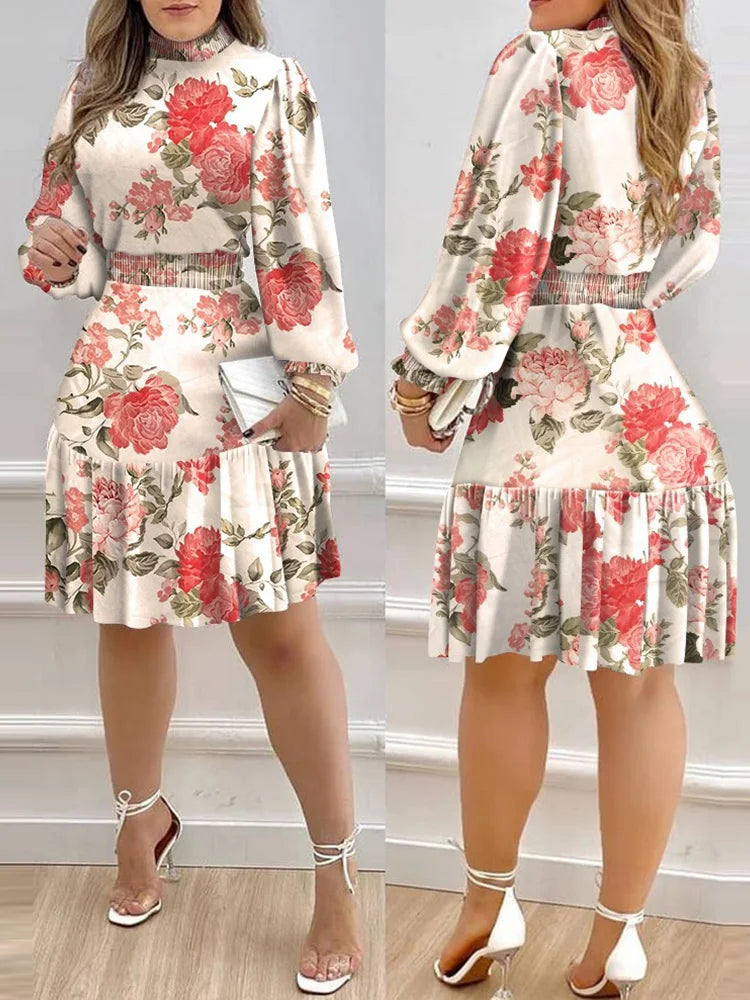 Women's Floral Print Lantern Sleeve Shirred Ruffles Midi Dress