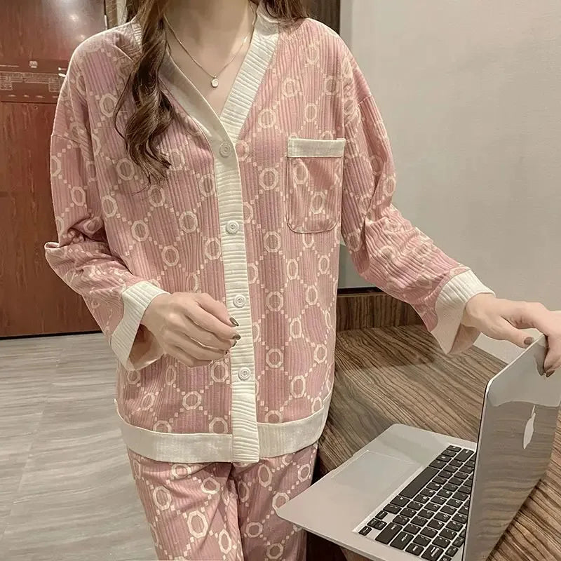 Women's 2Pcs Warm Button Sleepwear Set