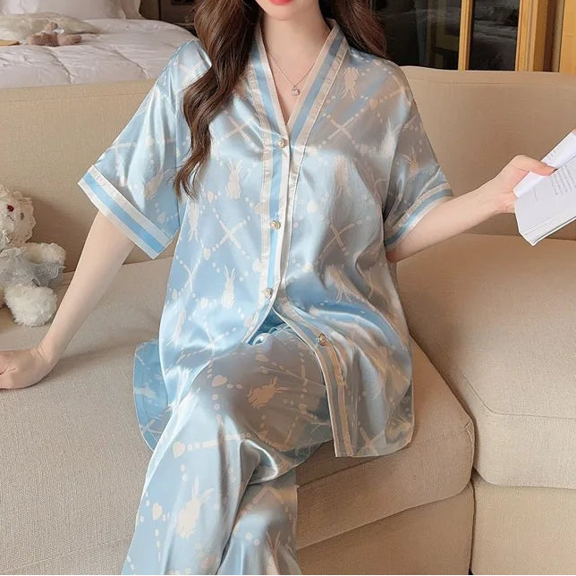 Women's 2Pcs Silk Button up Top and Pants Sleepwear Set