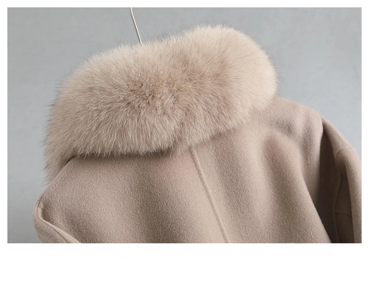 Women's Natural Fox Fur Collar Cashmere Wool Coat
