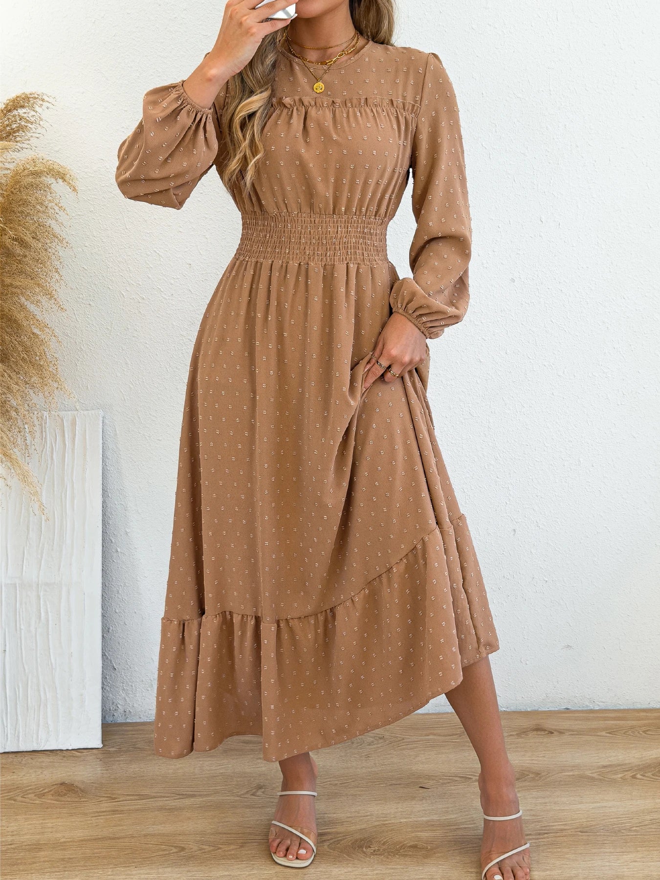 Women's Elegant Lantern Ruffled Plain Elastic Waist Maxi Dress