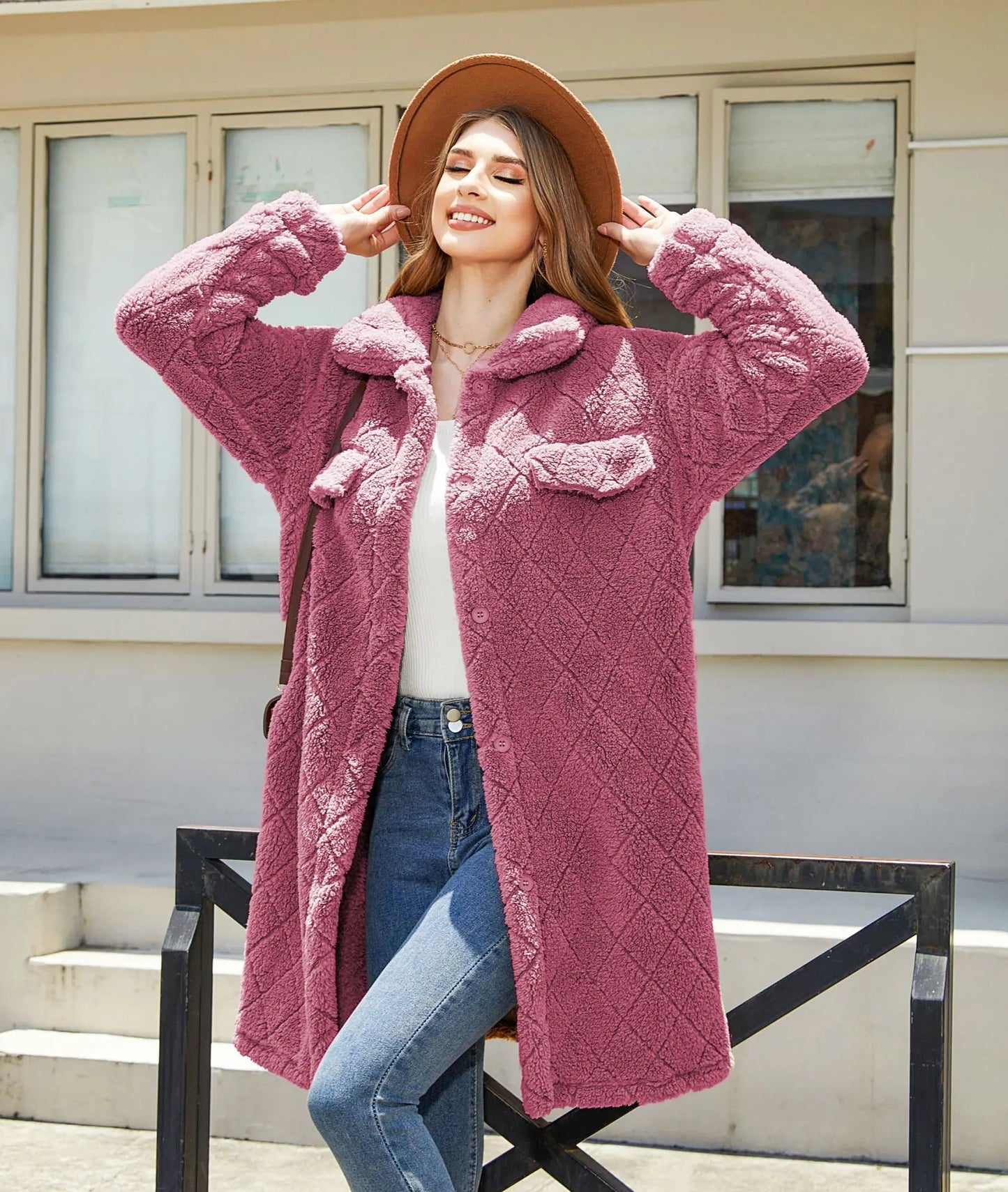 Women's Single Breasted Thick Plush Hooded Long Sleeve Coat