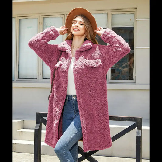 Women's Single Breasted Thick Plush Hooded Long Sleeve Coat