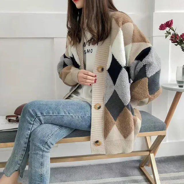 Women's Plaid Loose Checkered Button Thick Sweater Cardigan