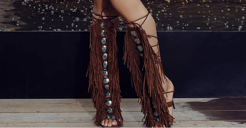 Women's Fringe Strappy Open Toe Lace Up Tassels High Heel Boots