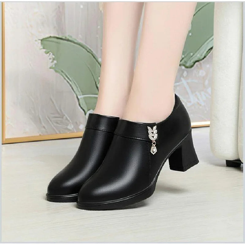 Women's Chunky Heel Soft Leather Zipper Closure Pumps