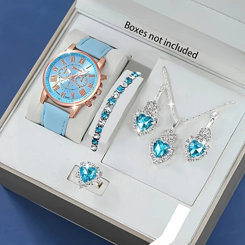 PU Leather Strap Zinc Alloy Case Quartz Watch Jewelry Set