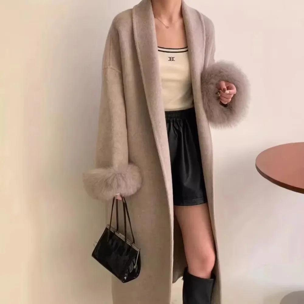 Women's Long Fur Woolen Double Sided Cashmere Coat