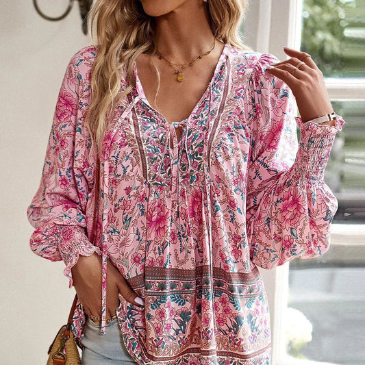 Women's Printed Tied V Neck Lantern Long Sleeve Shirt