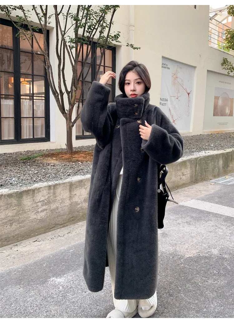 Women's Long Loose Double-Breasted Mink Fur Plush Coat