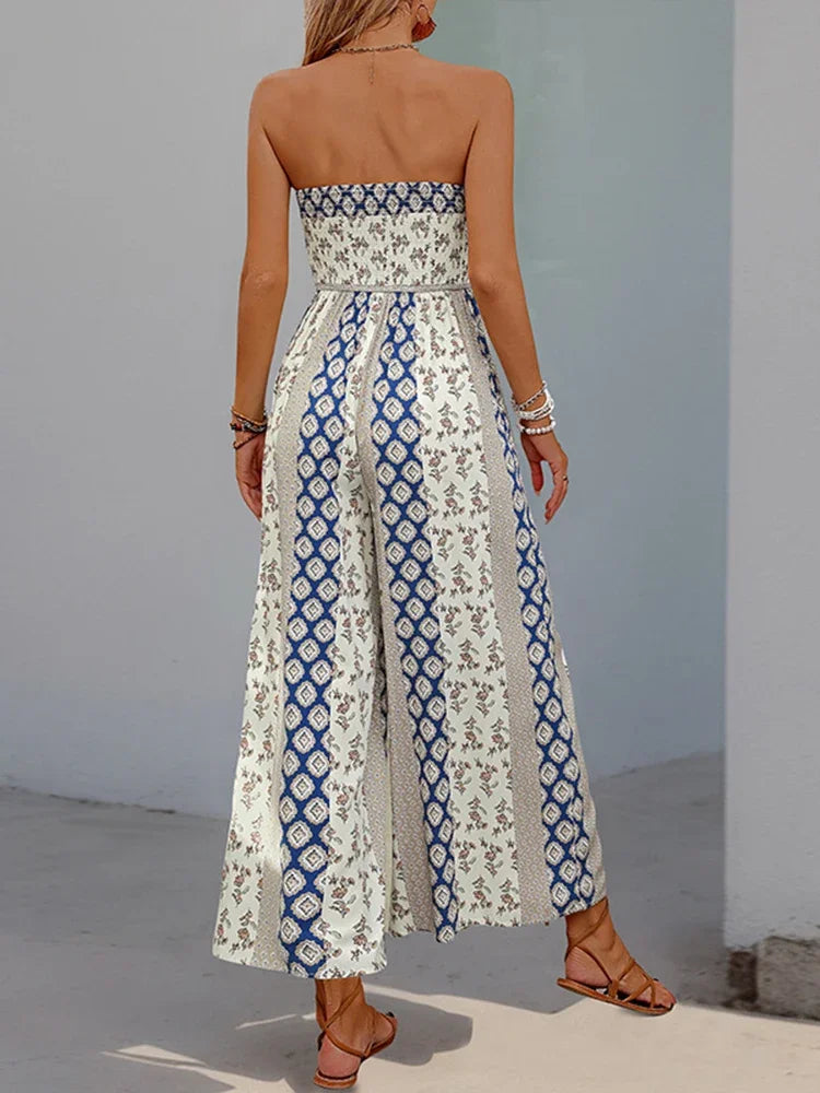 Women's Sleeveless Strapless Lace Up Wide Leg Pants Jumpsuit