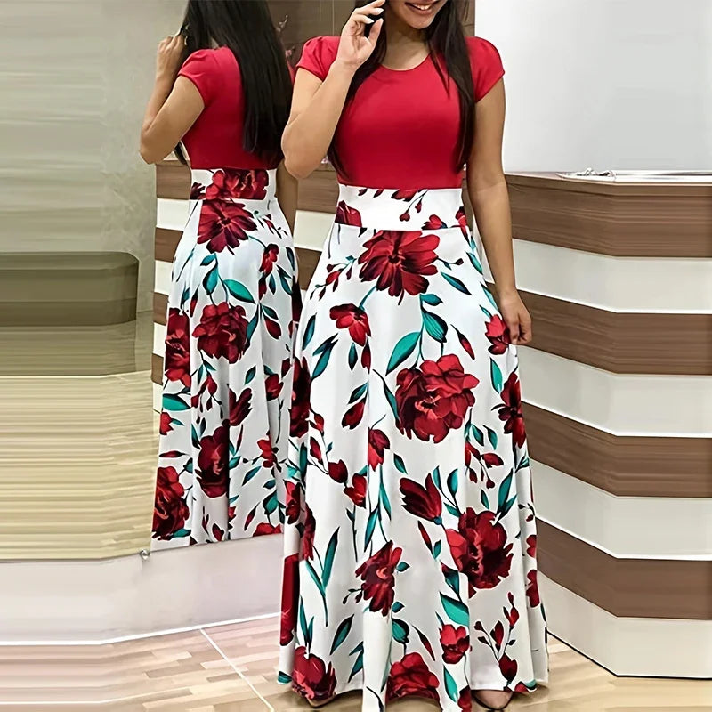 Women's Short Sleeve Slim Waist Pleated Maxi Dress