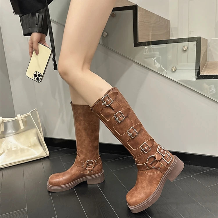 Women's Vintage Genuine Leather Western Cowboy Knight Boots