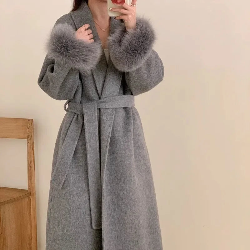 Women's Long Fur Woolen Double Sided Cashmere Coat