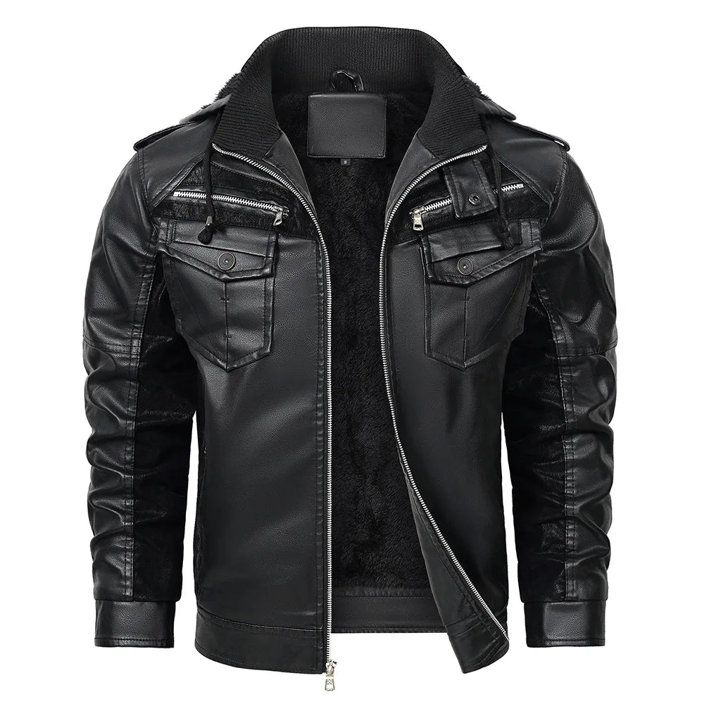 Men's Fur Leather Hooded Zipper Biker Jacket